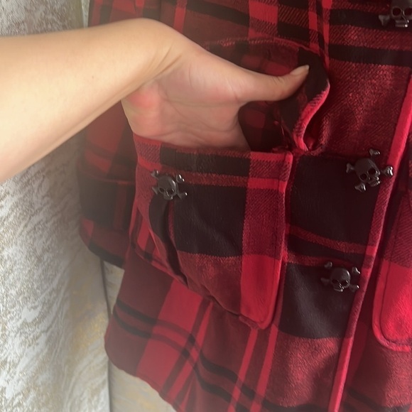 Anthropologie BB Dakota Red/Black Plaid Gothic Skull Pea Coat Coat Size S - Picture 8 of 16